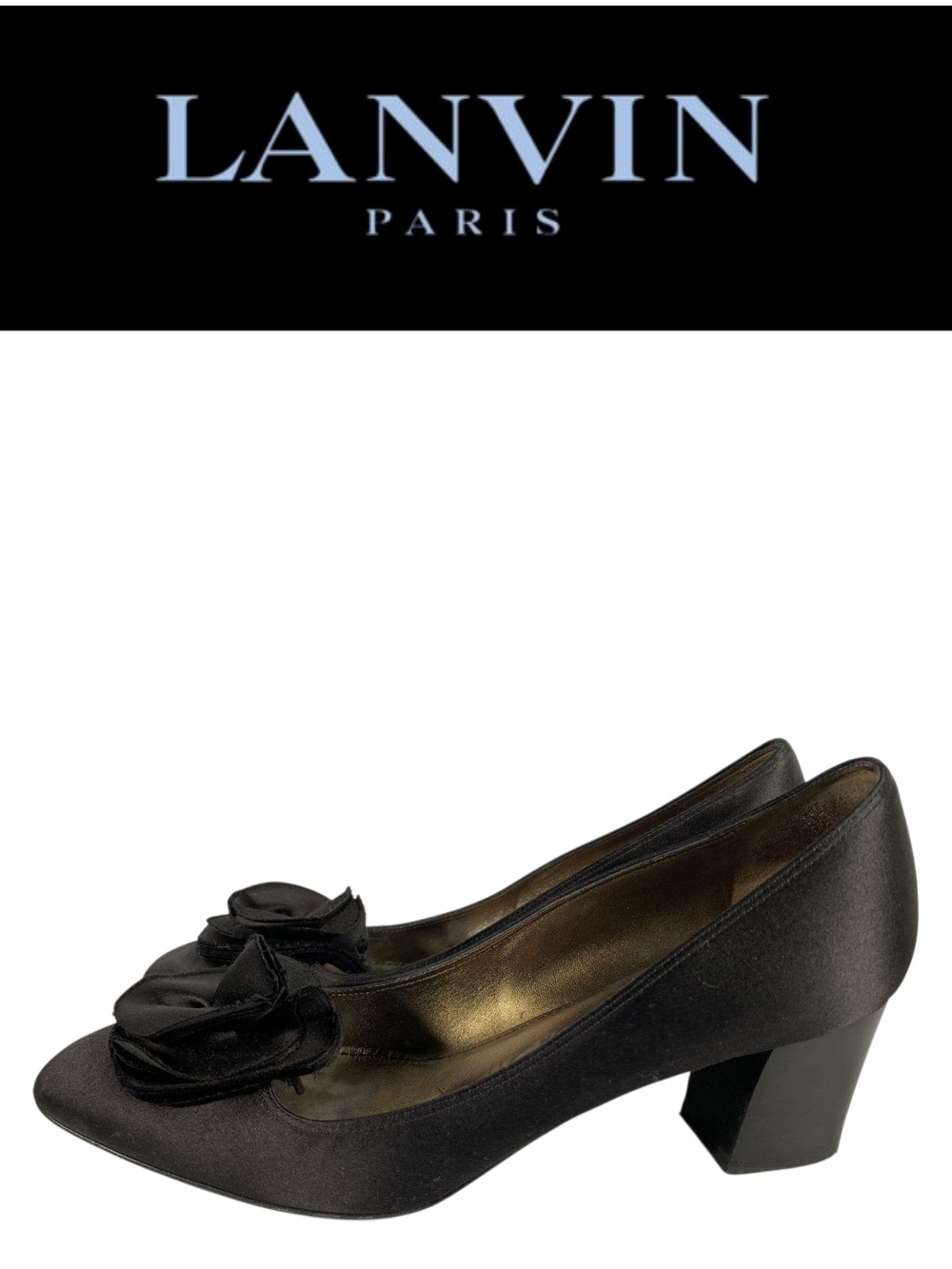 Lanvin Paris Black Satin Rosette Bow Pumps Chunky Block Heel Size 41 Authentic